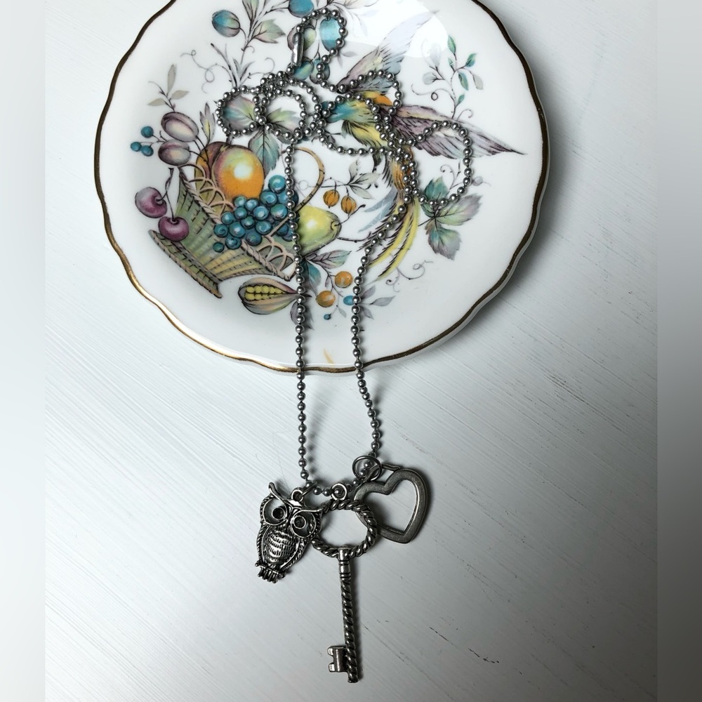 Silver Skeleton Whimsical Key Owl & Heart Charms Bead Chain Necklace